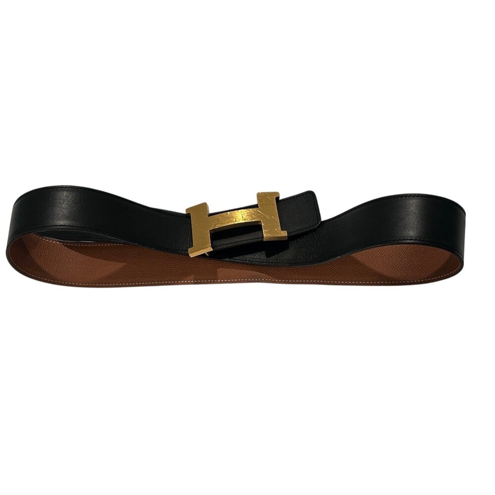 Hermes Black Leather Belt with Gold H Buckle size 90 Authentic